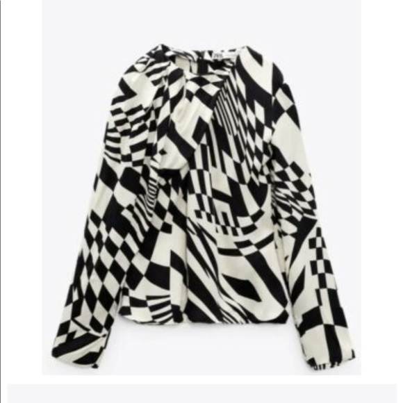 Zara Black and Ecru Draped Abstract Retro Domino Top Satin Material - Picture 3 of 7